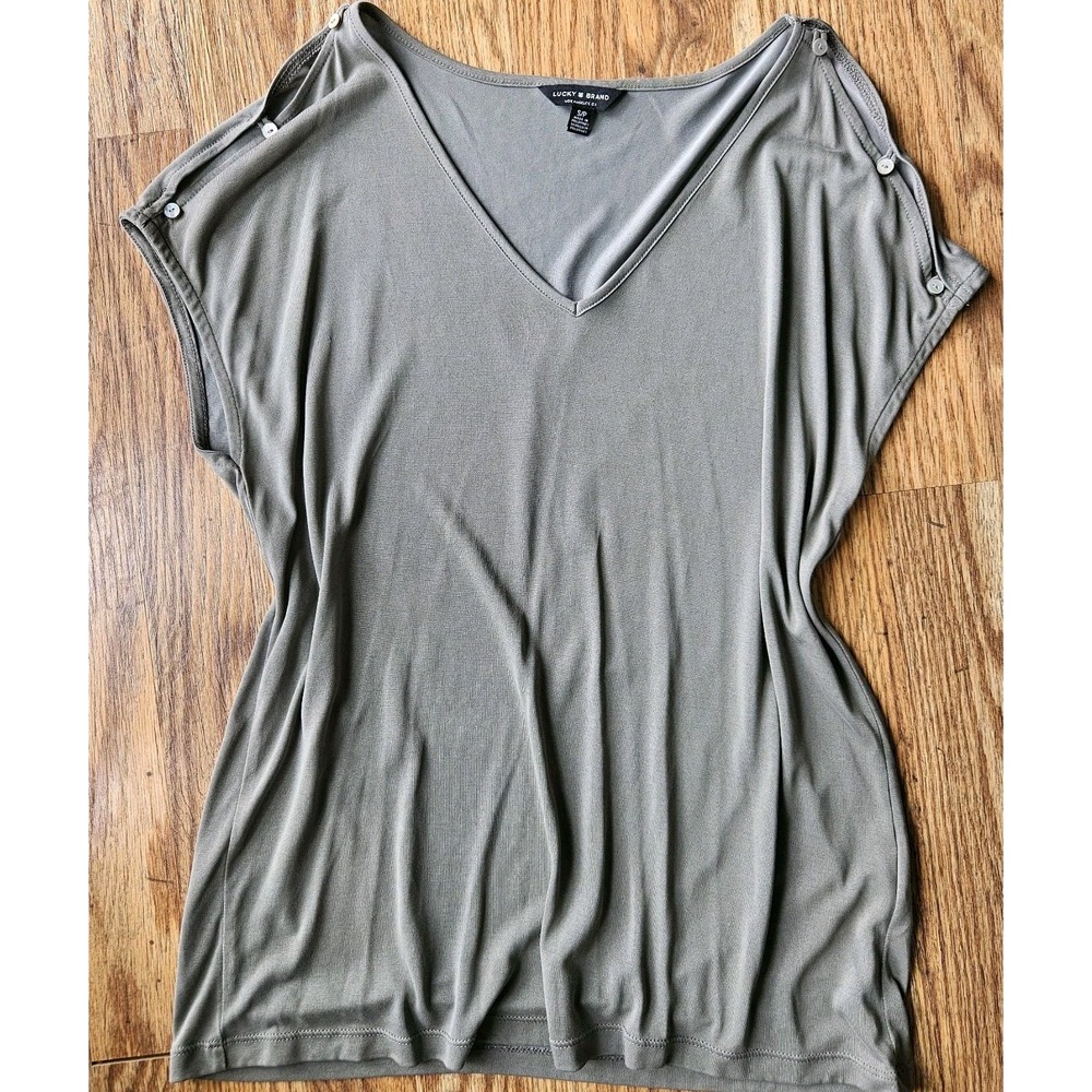 Lucky Brand Size Small Light‎ Olive Army Green Top Shirt Button Shoulder Detail